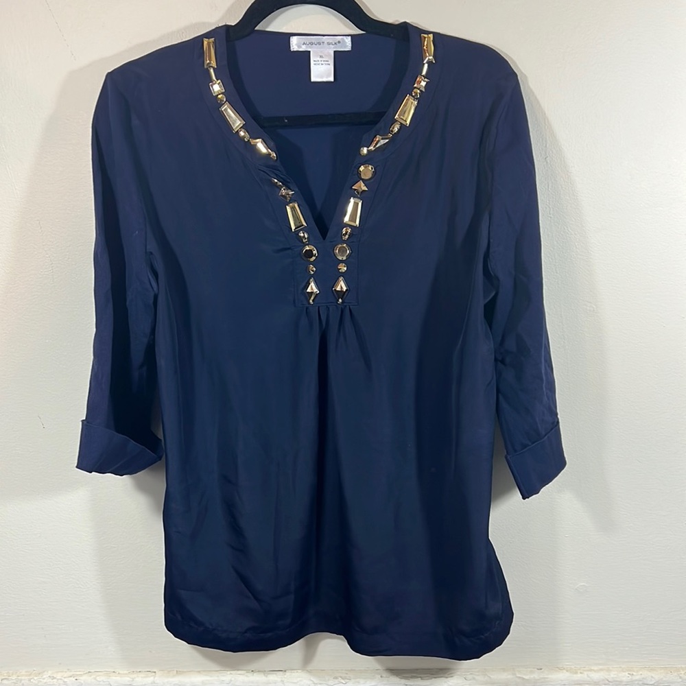 August Silk Women's Black 3/4 Sleeve Jeweled V-Neck Blouse Gold Rhinestones XL - Picture 1 of 8